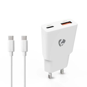 Oplader 20 W | GaN | PD3.0 | Snellaad functie | 1.5 / 2.0 / 2.22 / 3.0 A | Outputs: 2 | USB-A / USB-C&trade; | USB-C&trade; (Los) Kabel | 1.50 m | Automatische Voltage Selectie | Wit