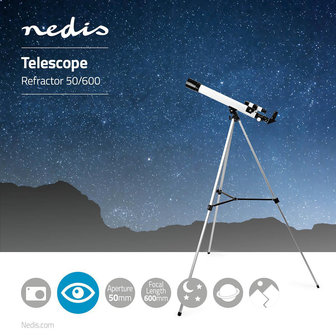 Telescoop Diafragma: 50 mm - Brandpuntsafstand: 600 mm - Finderscope: 5 x 24 - Maximale werkhoogte: 125 cm - Tripod