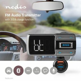 FM-Audiotransmitter voor Auto | Zwanenhals | Handsfree bellen | 2.0 &quot; | LED-Scherm | Bluetooth&reg; | QC 3.0 / 5.0 V DC / 2.4 A | Snelladen | Bass boost | Google Assistant / Siri | Grijs / Zwart