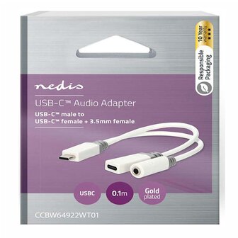 USB-C&trade; Adapter USB 2.0 - USB-C&trade; Male - USB-C&trade; Female / 3,5 mm Female - 0.10 m - Rond - Verguld - PVC - Wit