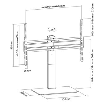 TV-Bureau / Tafel standaard 37 - 70 &quot; - Max. 40 kg - Instelbare hoogtes - Draaibaar -Gehard Glas / Staal