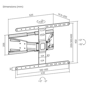 SUPERDUNNE Draai- en Kantelbare TV-Muurbeugel 43 - 90 &quot; - Maximaal schermgewicht: 50 kg - Kantelbaar - Draaibaar - Minimale muurafstand: 19.6 mm - 2 Draaipunt(en)