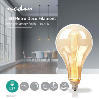 Grote LED-Filamentlamp E27 - Warme gouden kleur -30 cm. hoog - Verwijderbare glazen buitenlamp - 3.5 W - 120 lumen  -Dimbaar - Retrostijl | 1 Stuks