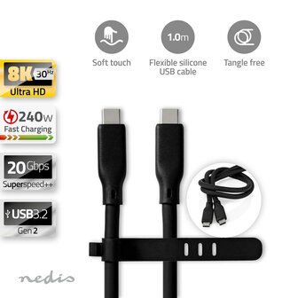 Flexibele siliconen USB-Kabel - Raakt niet in de knoop - USB-C&trade; Male | USB-C&trade; Male | 240 W | 8K@30Hz | 20 Gbps | Vernikkeld | 1.00 m | Rond | Silicone | Zwart 