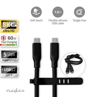 Flexibele siliconen USB-Kabel - Raakt niet in de knoop - USB-C&trade; Male | USB-C&trade; Male | 240 W | 8K@30Hz | 20 Gbps | Vernikkeld | 1.50 m | Rond | Silicone | Zwart 