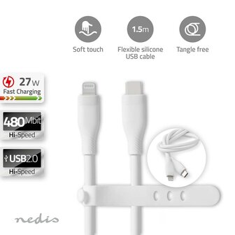 Flexibele siliconen Lightning Kabel USB 2.0 - Apple Lightning 8-Pins - USB-C&trade; Male - Raakt niet in de knoop - 480 Mbps - Vernikkeld - 1.50 m - Rond - Silicone | Wit 