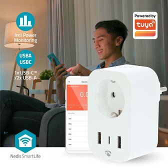 SmartLife Slimme Stekker - Tevens voorzien van &eacute;&eacute;n USB-C- en twee USB-A-poorten - Schakel elk product met deze Nedis Smart Wi-Fi Power Plug