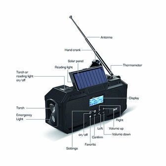 Robuuste DAB+/FM Nood / Outdoor / zwengelradio met veelzijdige voeding / zaklamp / Leeslamp / Thermometer / Powerbank