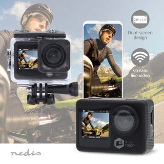 Action Cam Dubbel scherm | 1080p@30fps | 12 MPixel | Waterbestendig tot: 30.0 m | 70 min | Wi-Fi | App beschikbaar voor: Android&trade; / IOS | Mounts inbegrepen