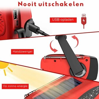 Multifunctionele Radio / Noodradio - AM/FM op Zonne energie / Handslinger / Batterij + zaklamp + powerbank