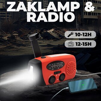 Multifunctionele Radio / Noodradio - AM/FM op Zonne energie / Handslinger / Batterij + zaklamp + powerbank