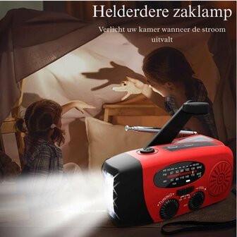 Multifunctionele Radio / Noodradio - AM/FM op Zonne energie / Handslinger / Batterij + zaklamp + powerbank