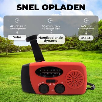 Multifunctionele Radio / Noodradio - AM/FM op Zonne energie / Handslinger / Batterij + zaklamp + powerbank