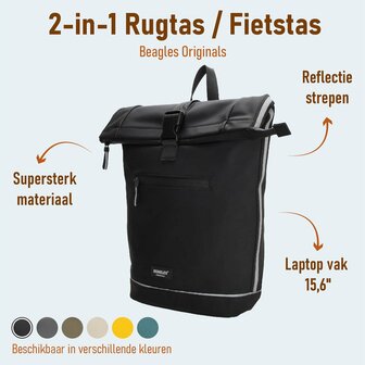 Superhandige waterproof Beagles Originals 2-in-1 Rugzak &amp; Fietstas - Grijs