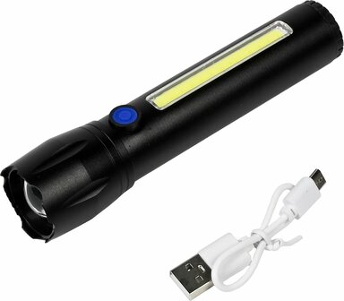 Tactical zaklamp - LED en COB - oplaadbaar - 141 mm - 100/150 lumen - USB-kabel inbegrepen