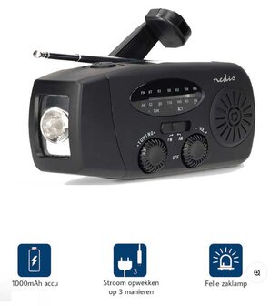 Multifunctionele Radio / Noodradio - AM/FM op Zonne energie / Handslinger / Batterij + zaklamp + powerbank