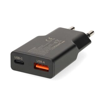 Oplader 30 W | GaN | PD3.0 30W | Snellaad functie | 1.5 / 2.0 / 2.5 / 3.0 A | Outputs: 2 | USB-A / USB-C&trade; | Automatische Voltage Selectie | Zwart