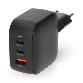 Oplader 70 W | GaN | PD3.0 | Snellaad functie | 1.5 / 2.25 / 2.5 / 3.0 / 3.5 A | Outputs: 3 | USB-A / 2x USB-C&trade; | Automatische Voltage Selectie | Zwart