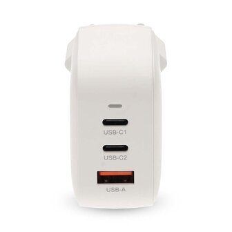 Oplader 70 W | GaN | PD3.0 | Snellaad functie | 1.5 / 2.25 / 2.5 / 3.0 / 3.5 A | Outputs: 3 | USB-A / 2x USB-C&trade; | Automatische Voltage Selectie | Wit