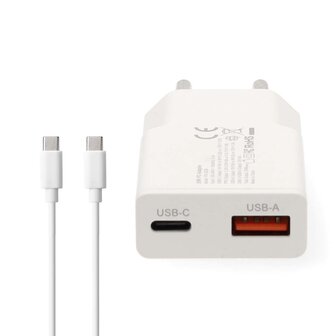 Oplader 30 W | GaN | PD3.0 30W | Snellaad functie | 1.5 / 2.0 / 2.5 / 3.0 A | Outputs: 2 | USB-A / USB-C&trade; | USB-C&trade; (Los) Kabel | 1.50 m | Automatische Voltage Selectie | Wit