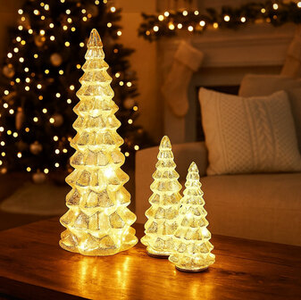 Glazen Kerstbomenset met LED-verlichting &ndash; 3 stuks - Pure Kerstsfeer in elk detail - Timer - Warm-wit Ledlicht