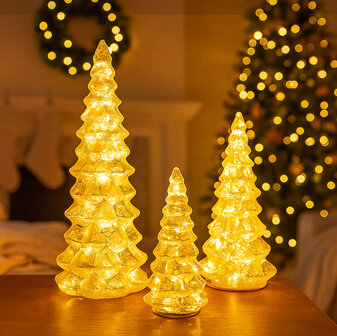 Glazen Kerstbomenset met LED-verlichting &ndash; 3 stuks - Pure Kerstsfeer in elk detail - Timer - Warm-wit Ledlicht