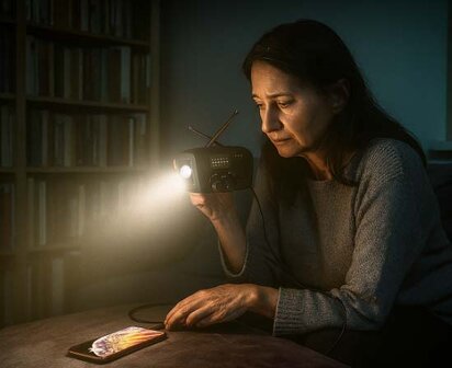 Bijzonder complete Radio / Noodradio - FM / KG op Zonne energie / Handslinger / Oplaadbaar + zaklamp + powerbank