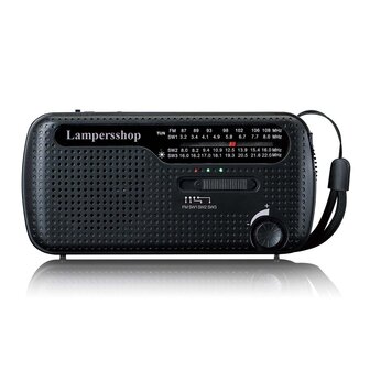 Bijzonder complete Radio / Noodradio - FM / KG op Zonne energie / Handslinger / Oplaadbaar + zaklamp + powerbank