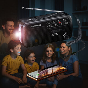 Bijzonder complete Radio / Noodradio - FM / KG op Zonne energie / Handslinger / Oplaadbaar + zaklamp + powerbank