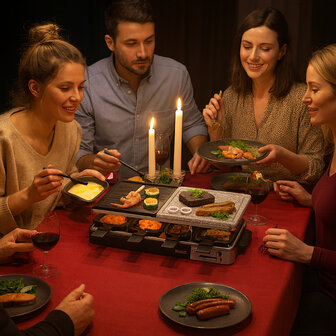 8-persoons Gourmet / Raclette / Steengrill - Incl. 8 stuks pannetjes met antiaanbaklaag en kunststof handvat