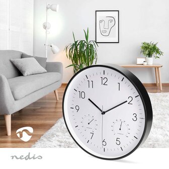 Wandklok - Weerstation - Diameter: 300 mm | Kunststof | Stille beweging | Thermometer | Hygrometer | Wit / Zwart