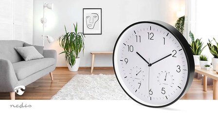 Wandklok - Weerstation - Diameter: 300 mm | Kunststof | Stille beweging | Thermometer | Hygrometer | Wit / Zwart