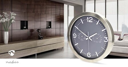 Wandklok - Weerstation - Diameter: 300 mm | Roestvrij Staal | Stille beweging | Thermometer | Hygrometer | Grijs / Metaal