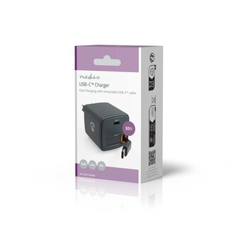 Oplader Met intrekbare kabel | 30 W | GaN | PD3.0 30W | 1.5 / 2.0 / 2.5 / 3.0 A | Outputs: 1 | USB-C&trade; | USB-C&trade; intrekbare kabel | 0.75 m | Automatische Voltage Selectie