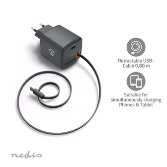 Oplader Met intrekbare kabel | 30 W | GaN | PD3.0 30W | 1.5 / 2.0 / 2.5 / 3.0 A | Outputs: 1 | USB-C&trade; | USB-C&trade; intrekbare kabel | 0.75 m | Automatische Voltage Selectie