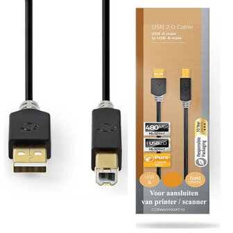 USB-Kabel - USB-A Male - USB-B Male | 480 Mbps | Verguld - Voor aansluiten van bv printer / scanner / harde schijf