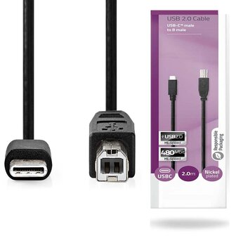 USB-Kabel - USB-A Male - USB-C Male  - 480 Mbps | Vernikkeld | 2.00 m - Voor aansluiten van bv printer / scanner / harde schijf