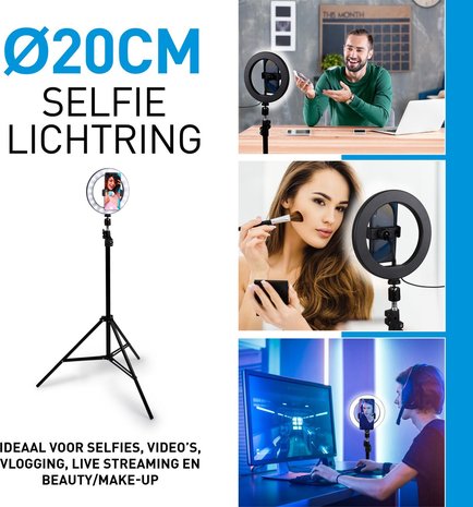 Selfie Ringlamp - met Statief - 210 cm - 3 Warmte- en Lichtstanden - Social Media en Vlogs - USB - Smartphone