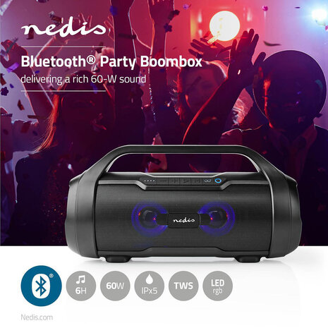 Bluetooth® Party Boombox | 6 uur | 2.0 | 120 W | Media afspeelmogelijkheden: AUX / Micro-SD / USB | IPX5 | Koppelbaar | Handgreep | Feestverlichting | Zwart