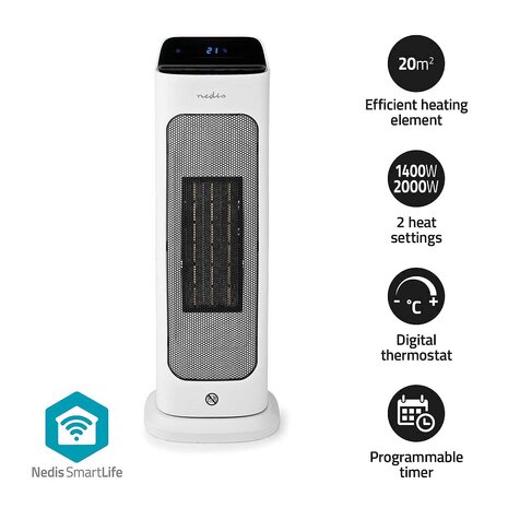 SmartLife keramische PTC-ventilatorkachel Wi-Fi - 2000 W | 2 Warmte Standen - Zwenkfunctie - Display - 10 - 49 °C - Android™ / IOS | Wit