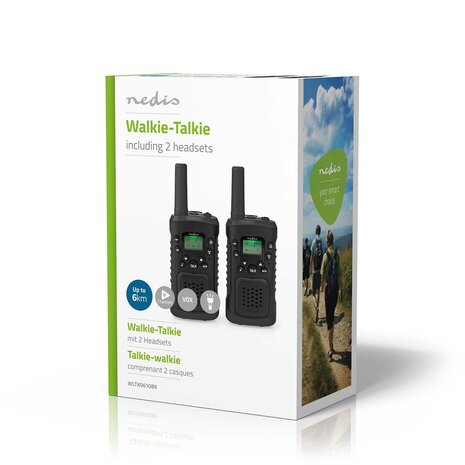 Walkie talkie Set 2 Handsets | Tot 6 km | Frequentiekanalen: 8 | PTT / VOX | tot 3 uur | Koptelefoonoutput | 2 Headsets