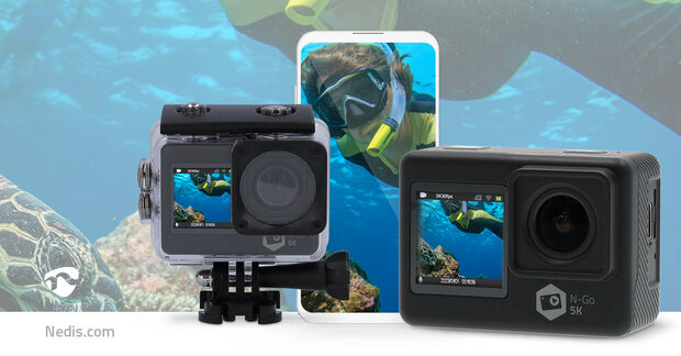 Action Cam Dubbel scherm | 5K@30fps | 16 MPixel | Waterbestendig tot: 30.00 m | 80 min | Wi-Fi | App beschikbaar voor: Android™ / IOS | Mounts inbegrepen