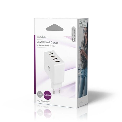 Oplader 24 W | Snellaad functie | 4x 2.4 A | Outputs: 4 | 4x USB-A - Wit