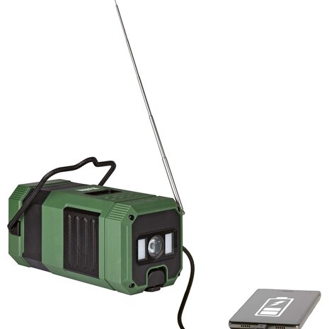 DAB+/FM-buitenradio / Noodradio / Powerbank op batterijen met Bluetooth, Oplaadbaar via lichtnet, accu, zonnecel en handslinger