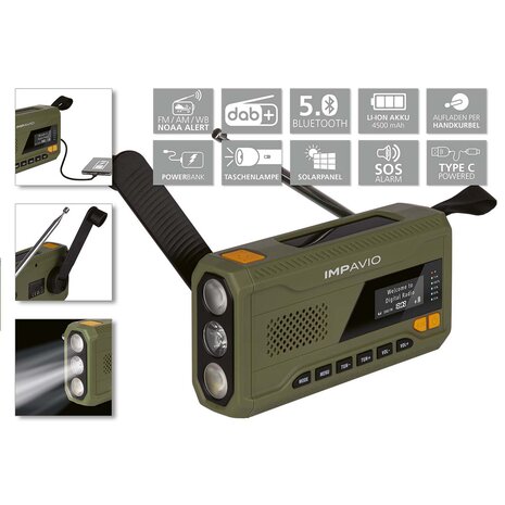 Robuuste DAB+/FM-buiten (Nood) radio - Voeding via netvoeding, batterij, handslinger en zonnecellen - Powerbank - Bluetooth Streaming