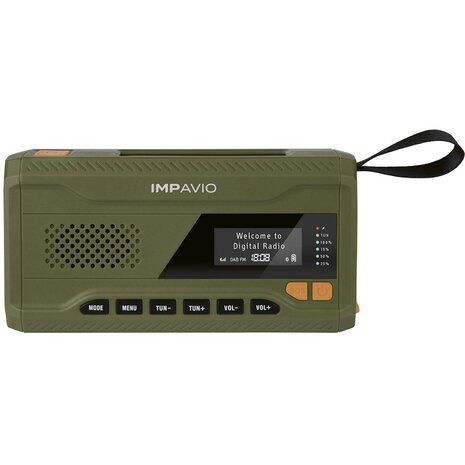 Robuuste DAB+/FM-buiten (Nood) radio - Voeding via netvoeding, batterij, handslinger en zonnecellen - Powerbank - Bluetooth Streaming