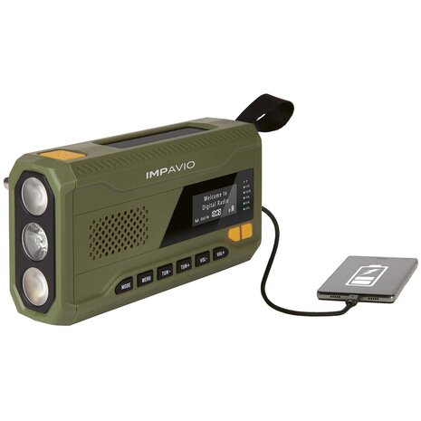 Robuuste DAB+/FM-buiten (Nood) radio - Voeding via netvoeding, batterij, handslinger en zonnecellen - Powerbank - Bluetooth Streaming