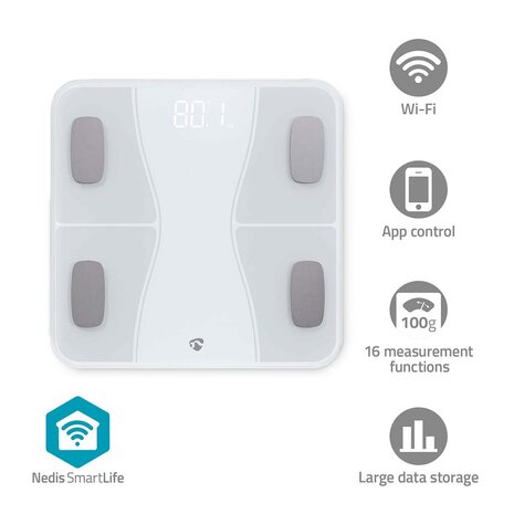 SmartLife Personenweegschaal Bluetooth® | BMI / BMR / Botten / Gewicht / Spieren / Vet / Water | 12 | Piekbelasting: 180 kg | Android™ / IOS | ABS / Glas | Wit