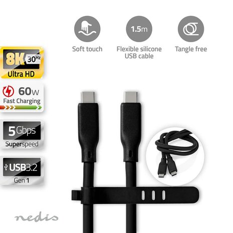 Flexibele siliconen USB-Kabel - Raakt niet in de knoop - USB-C™ Male | USB-C™ Male | 240 W | 8K@30Hz | 20 Gbps | Vernikkeld | 1.50 m | Rond | Silicone | Zwart 