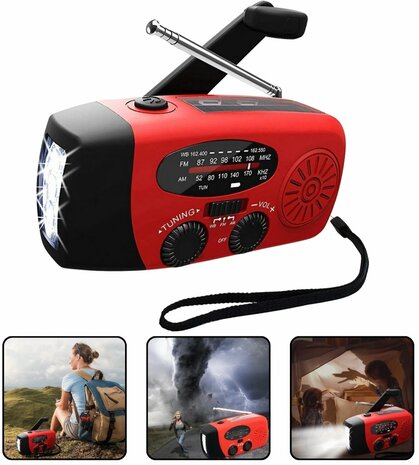 Multifunctionele Radio / Noodradio - AM/FM op Zonne energie / Handslinger / Batterij + zaklamp + powerbank